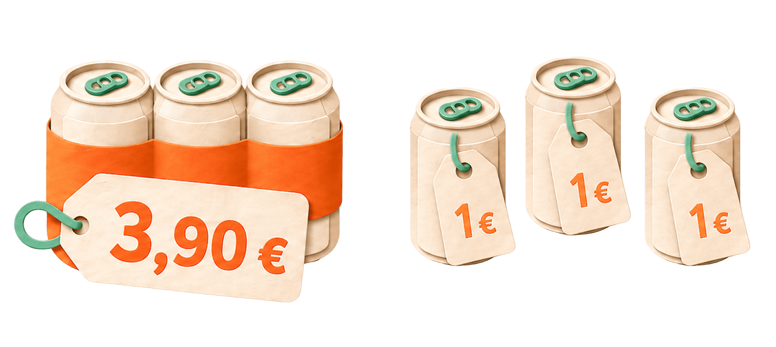 Τρία κουτάκια πωλούνται σε πακέτο στα 3,90 € έναντι τριών κουτιών μεμονωμένα στο 1 € το καθένα