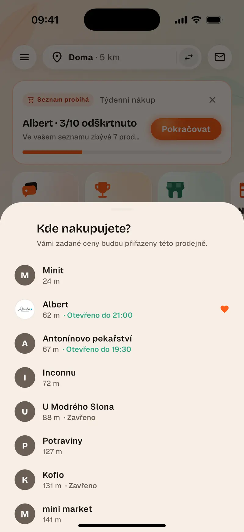 Nákupní seznam Aukilo, odškrtávaný v obchodě úsek po úseku