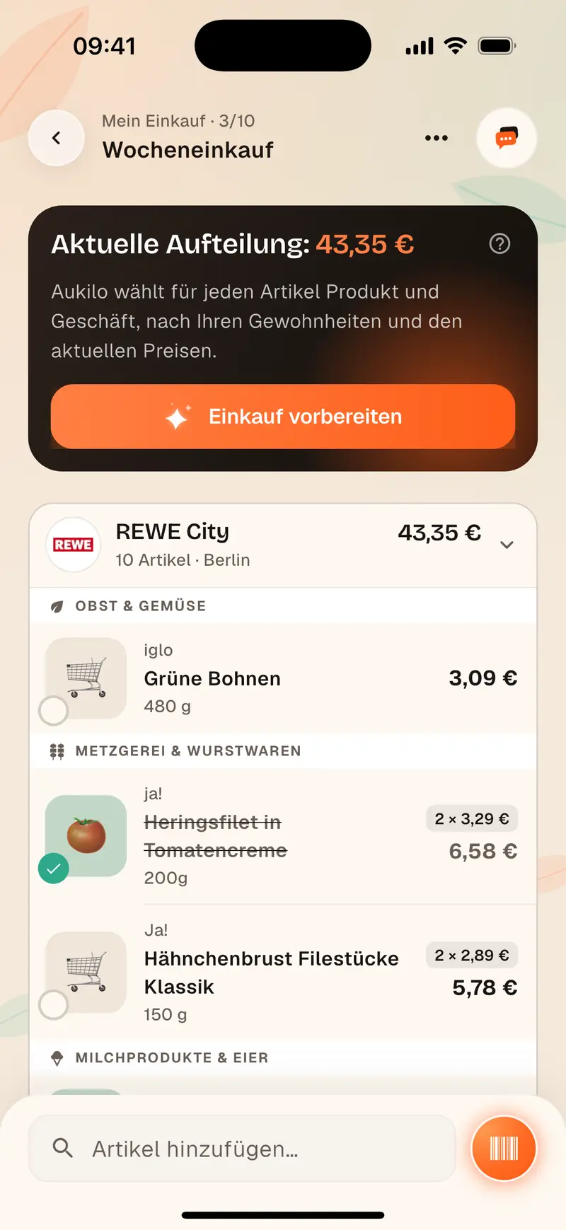 Aukilo-Einkaufsliste, Regal für Regal im Geschäft abgehakt