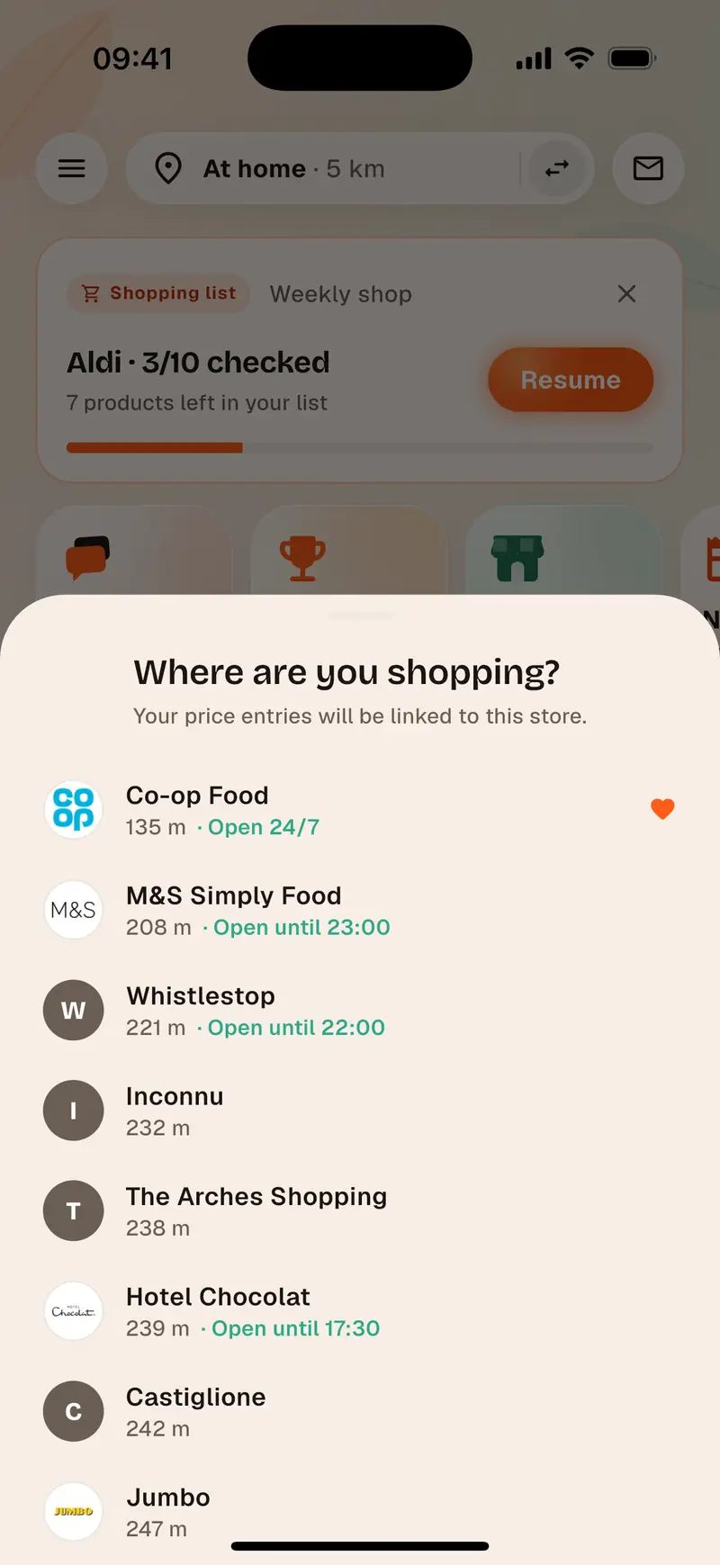 Aukilo shopping list, ticked aisle by aisle in the store