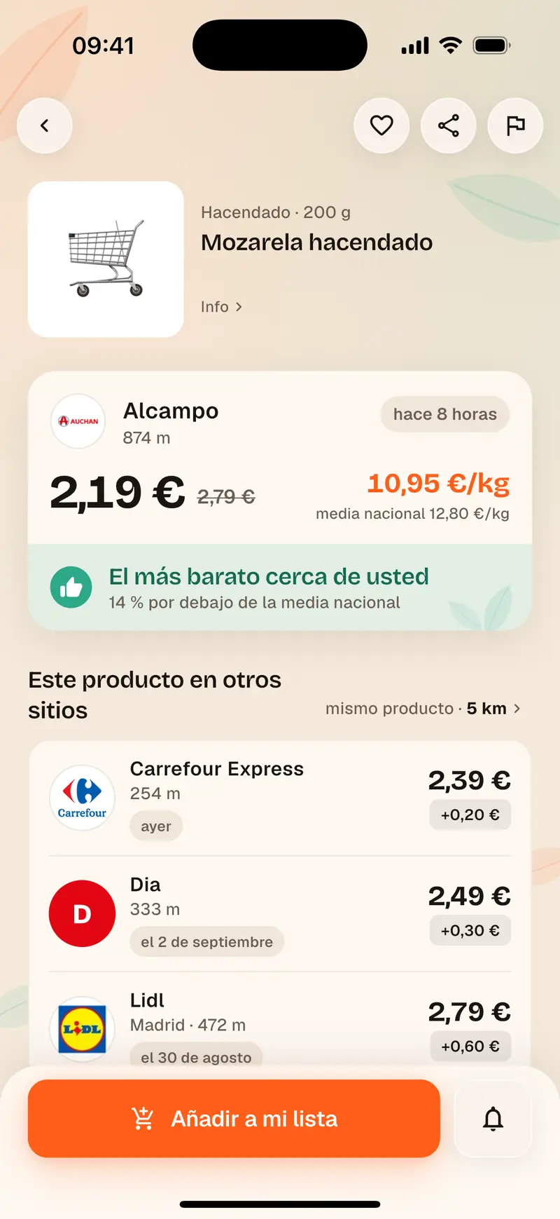 Ficha de producto Aukilo: el precio por kilo comparado con las tiendas cercanas