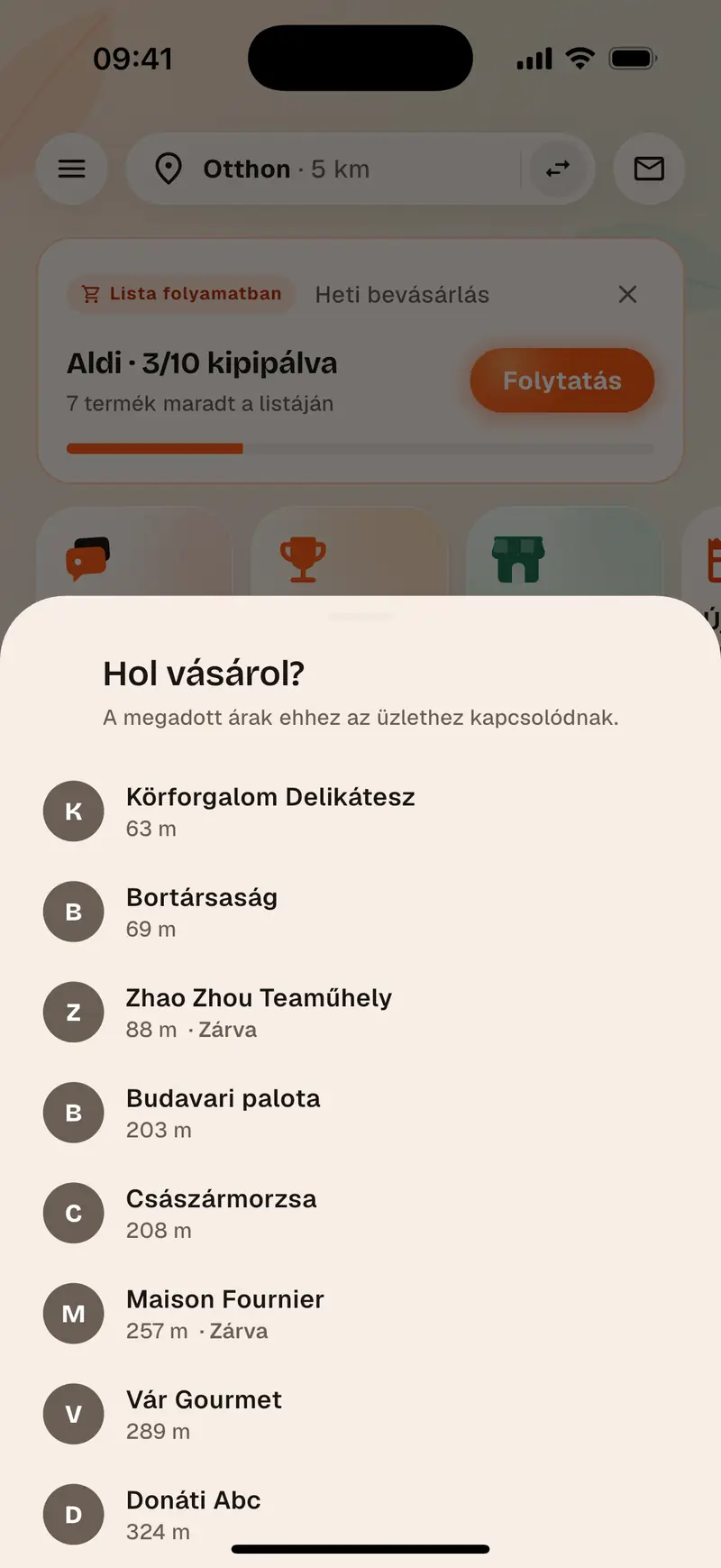 Aukilo bevásárlólista, az üzletben polcról polcra kipipálva
