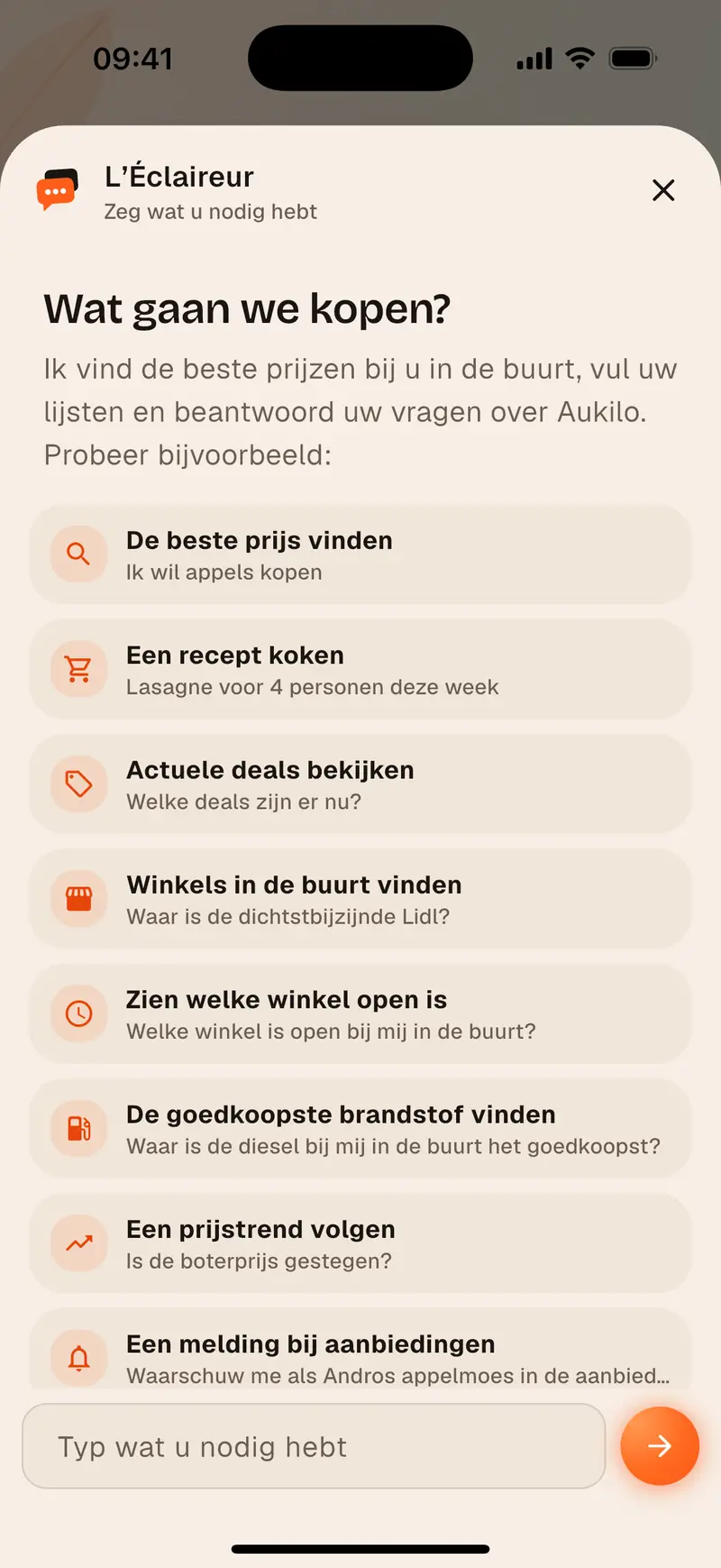 De Aukilo-assistent stelt een recept samen tegen de beste prijs