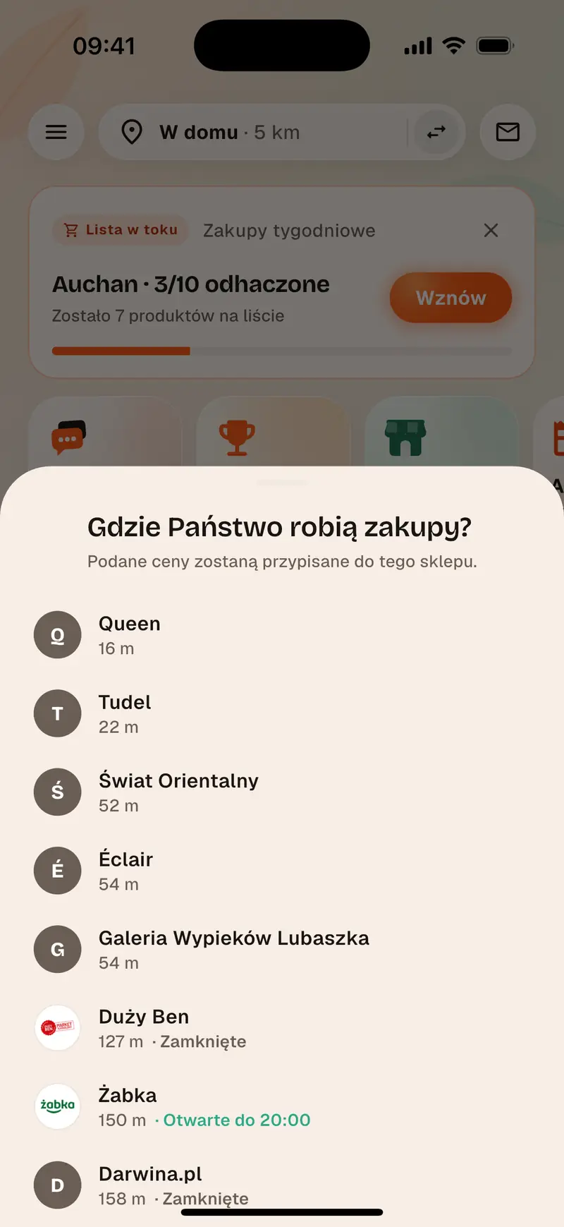 Lista zakupów Aukilo, odhaczana dział po dziale w sklepie