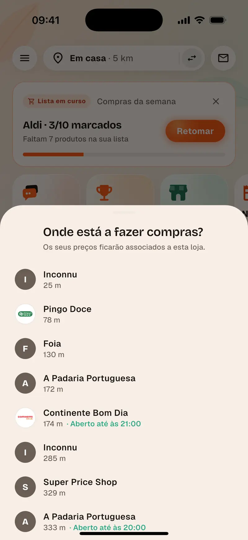 Lista de compras do Aukilo, assinalada secção a secção na loja