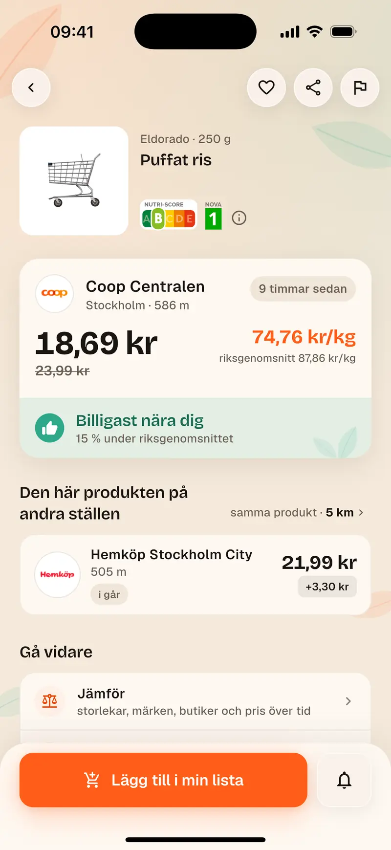 Aukilos produktsida: kilopriset jämfört med butikerna i närheten