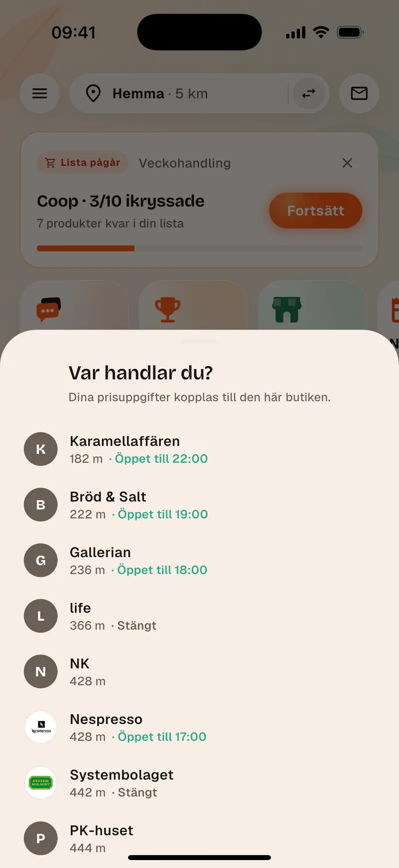 Aukilos inköpslista, avbockad hylla för hylla i butiken