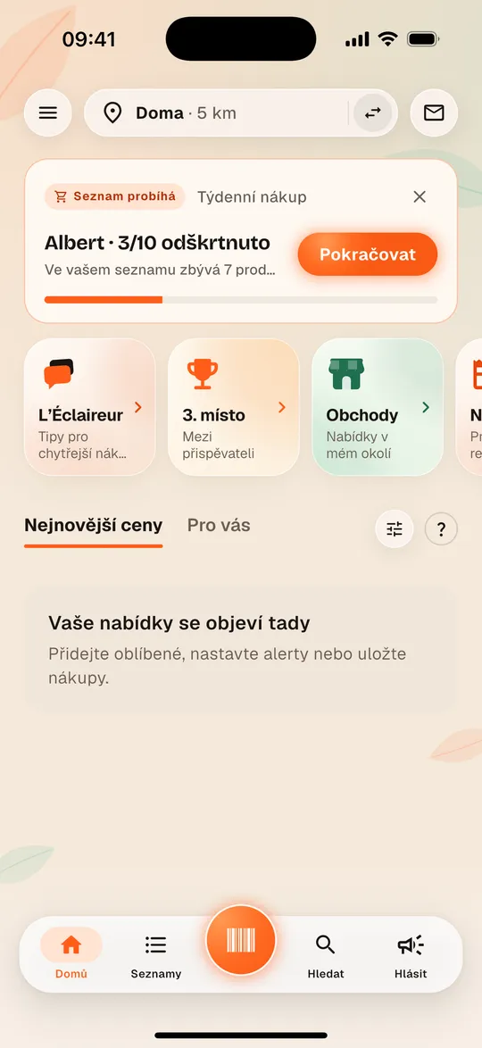 Úvodní obrazovka aplikace Aukilo s posledními zapsanými cenami
