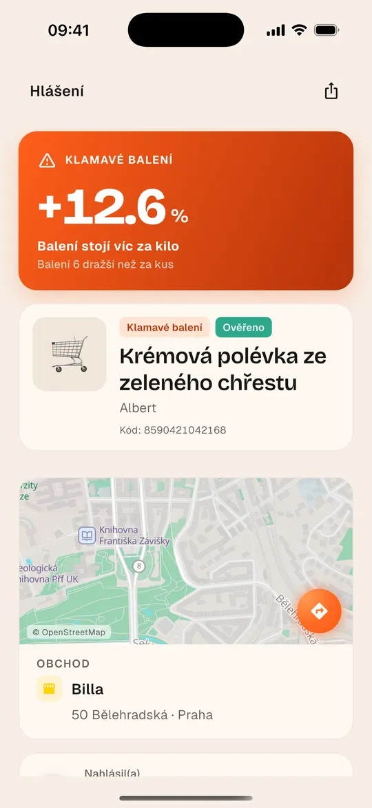 Hlášení zavádějícího vícebalení v aplikaci Aukilo