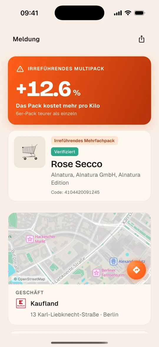 Meldung eines irreführenden Multipacks in der Aukilo-App