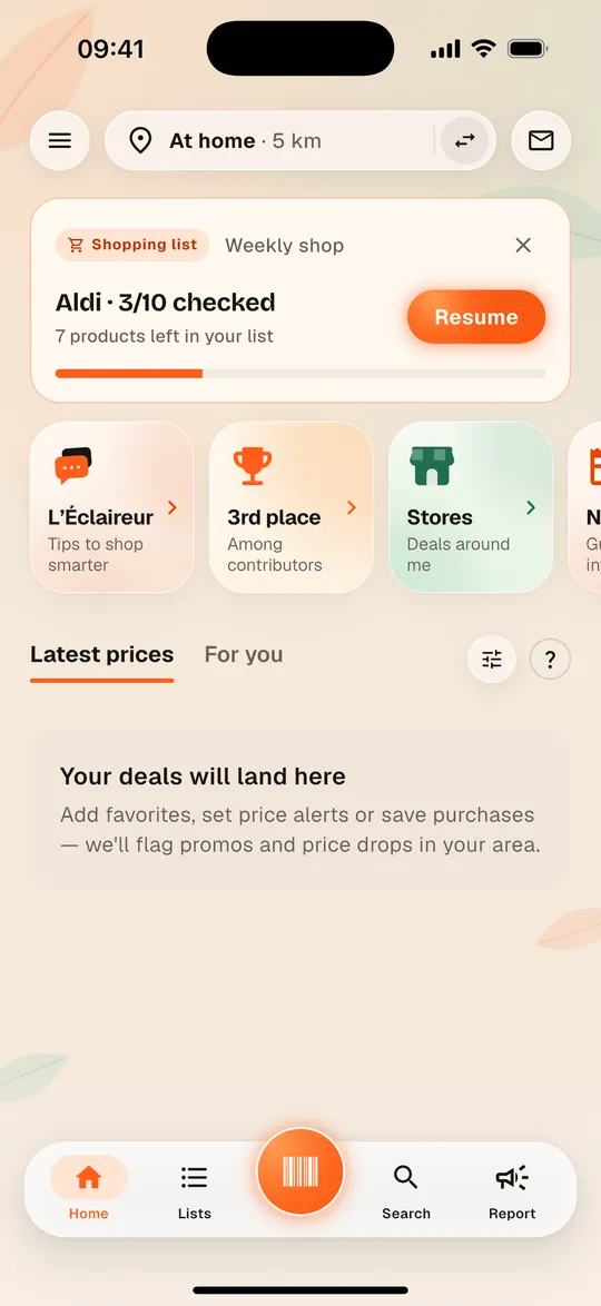 Home screen of the Aukilo app with the latest prices recorded