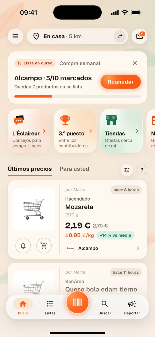 Inicio de la app Aukilo con los últimos precios registrados