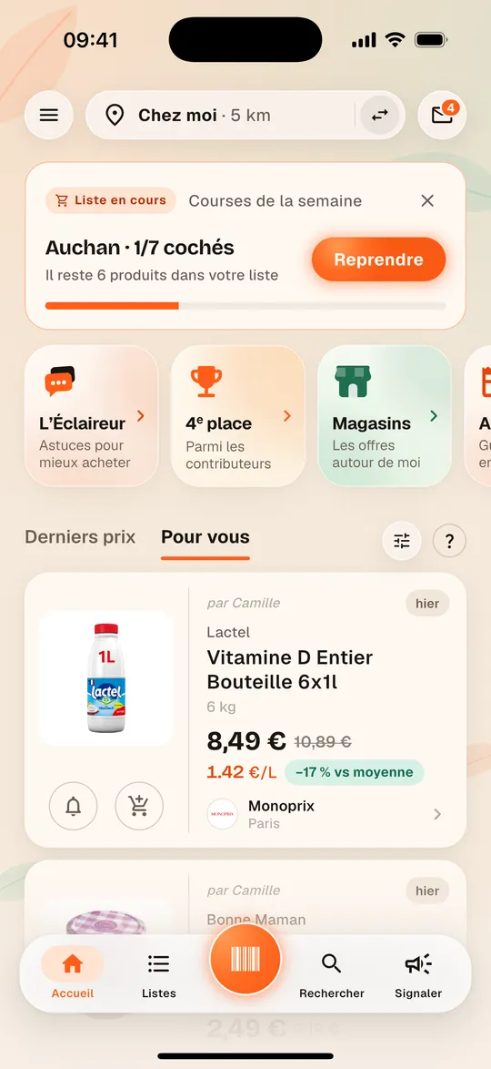 Accueil de l’appli Aukilo avec les derniers prix relevés