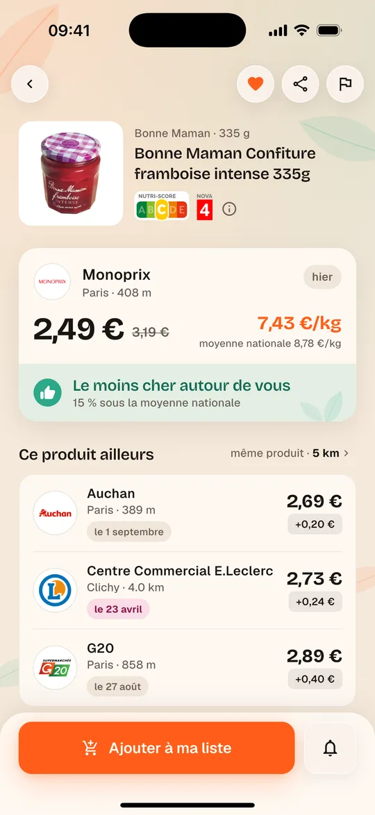 Fiche produit de l’appli Aukilo avec le prix au kilo par magasin