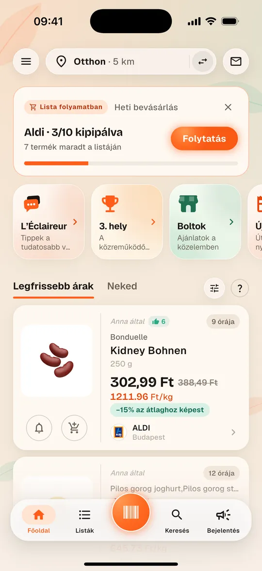 Az Aukilo app kezdőlapja a legutóbb rögzített árakkal