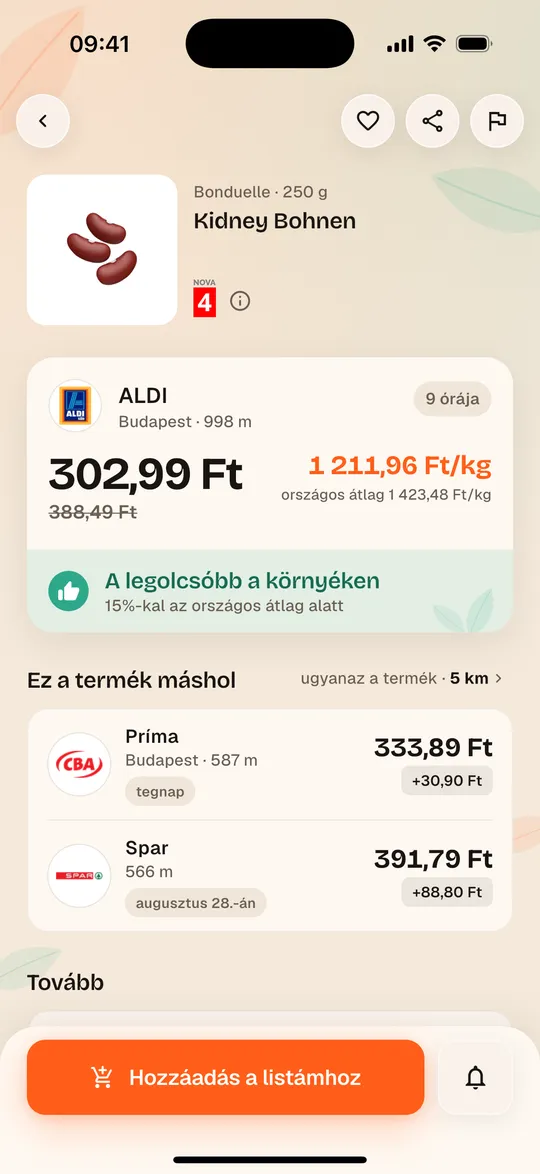 Termékoldal az Aukilo appban, kilóárral boltonként