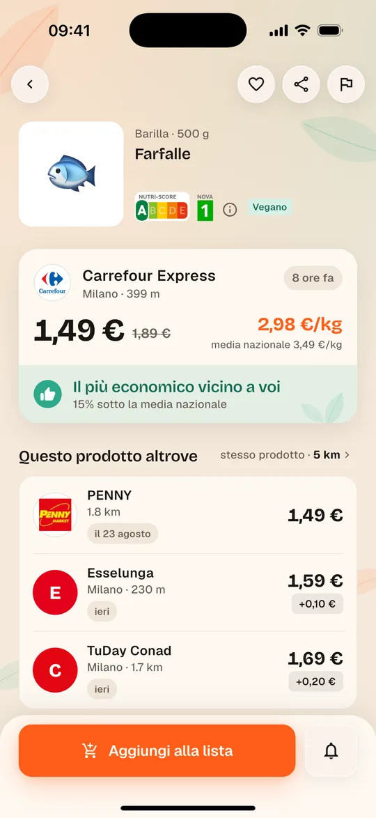 Scheda prodotto dell’app Aukilo con il prezzo al chilo per negozio