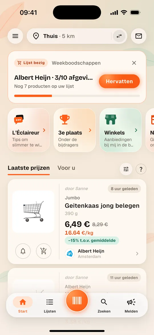 Startscherm van de Aukilo-app met de laatst genoteerde prijzen