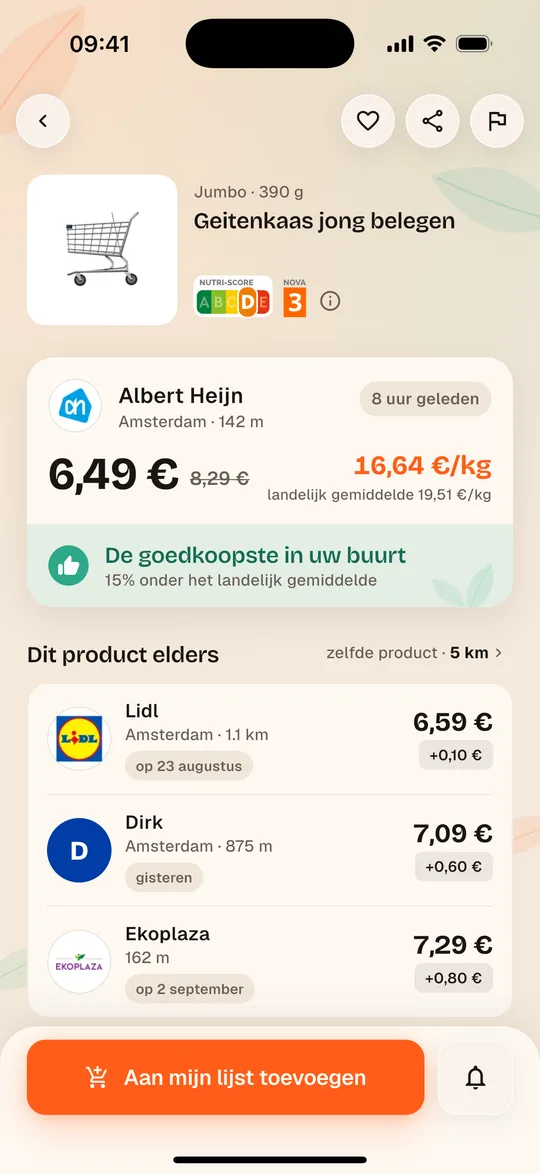 Productpagina in de Aukilo-app met de kiloprijs per winkel