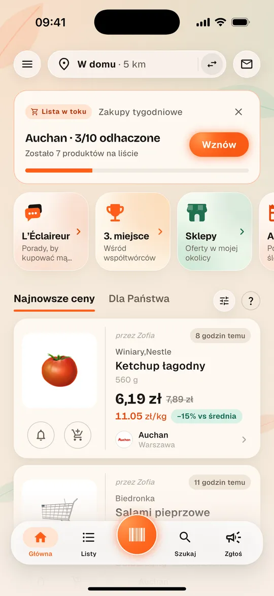 Ekran główny aplikacji Aukilo z ostatnio spisanymi cenami