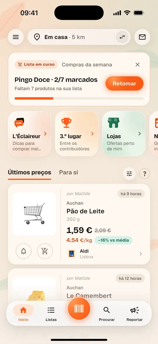 Início da app Aukilo com os últimos preços registados