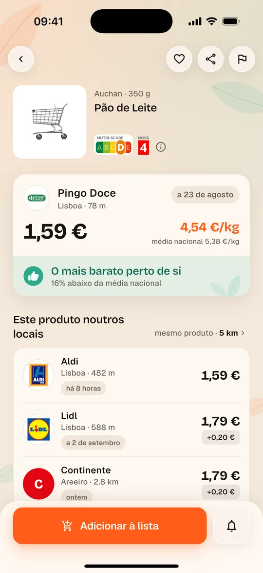 Ficha de produto da app Aukilo com o preço ao quilo por loja
