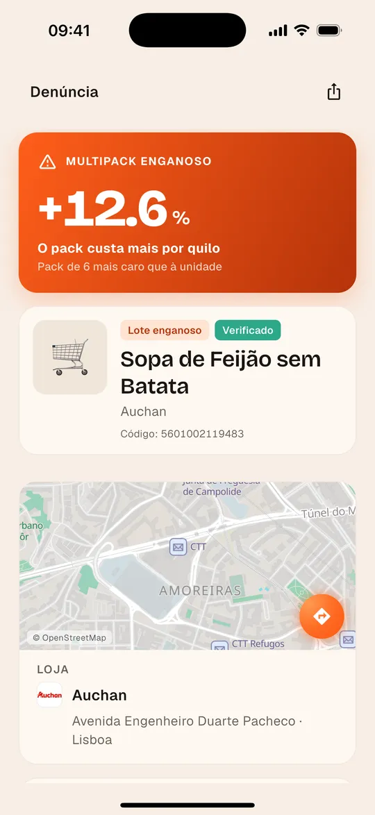 Sinalização de um pack enganador na app Aukilo