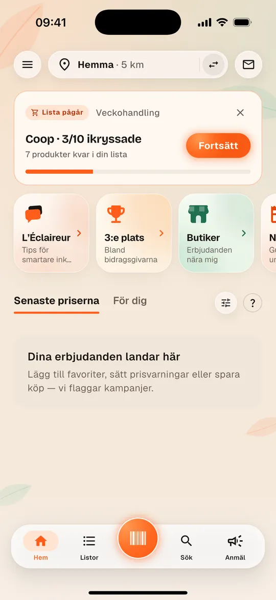 Startskärmen i Aukilo-appen med de senast noterade priserna