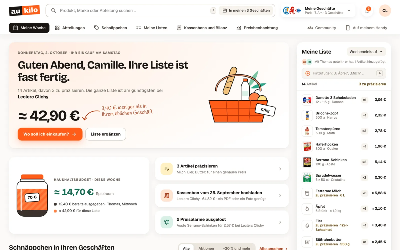 Die Einkaufswoche in der Aukilo-Web-App am Computer