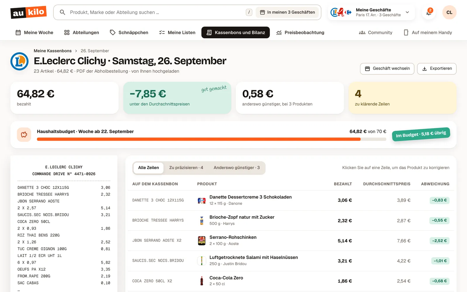 Von der Aukilo-Web-App gelesener Kassenbon