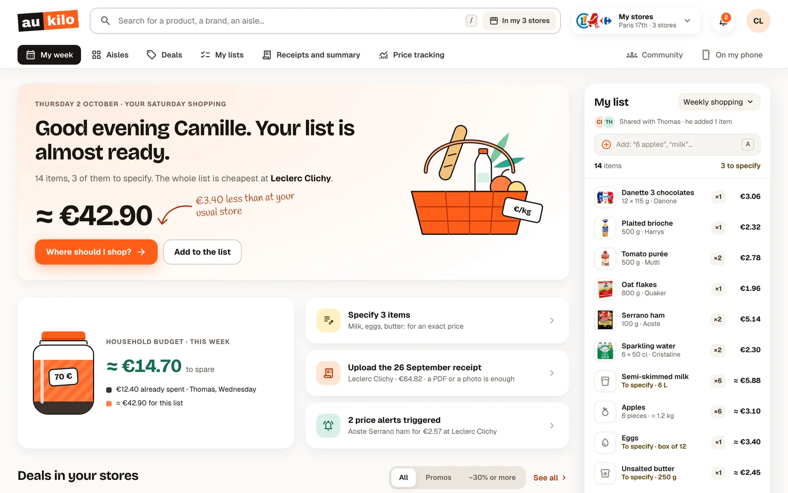 The shopping week in the Aukilo web app, on a computer
