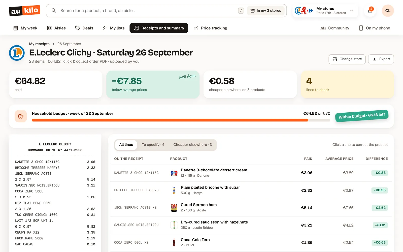 Receipt read by the Aukilo web app
