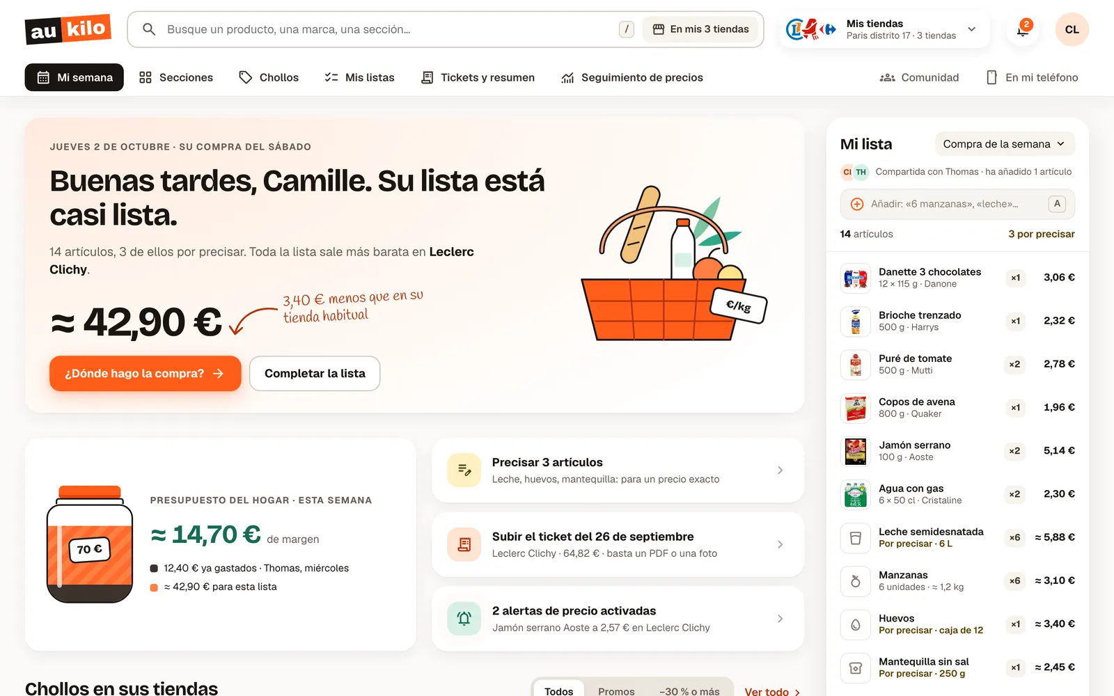 La semana de compras en la app web Aukilo, en el ordenador