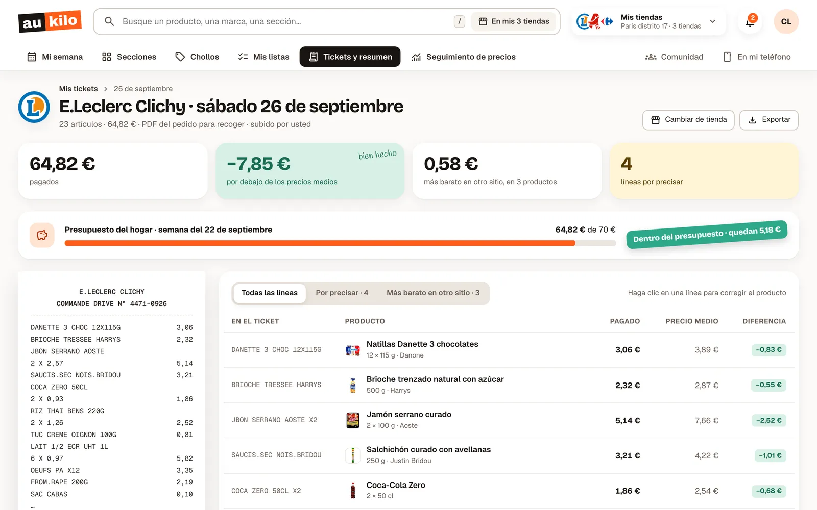 Ticket de compra leído por la app web Aukilo