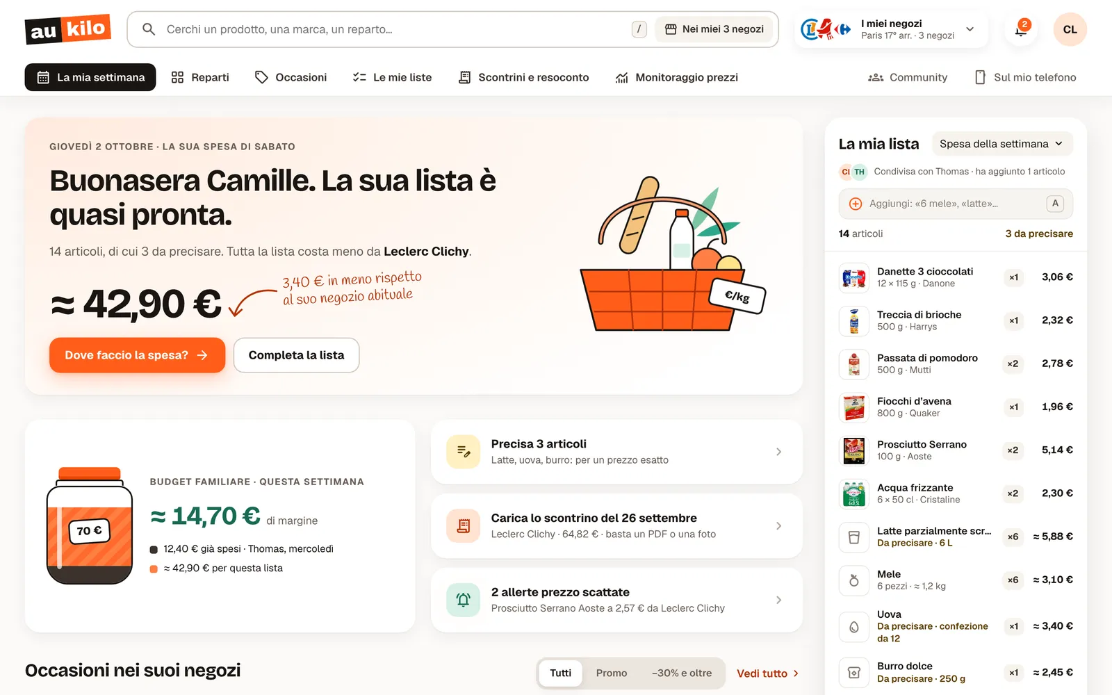 La settimana della spesa nella web app Aukilo, su computer