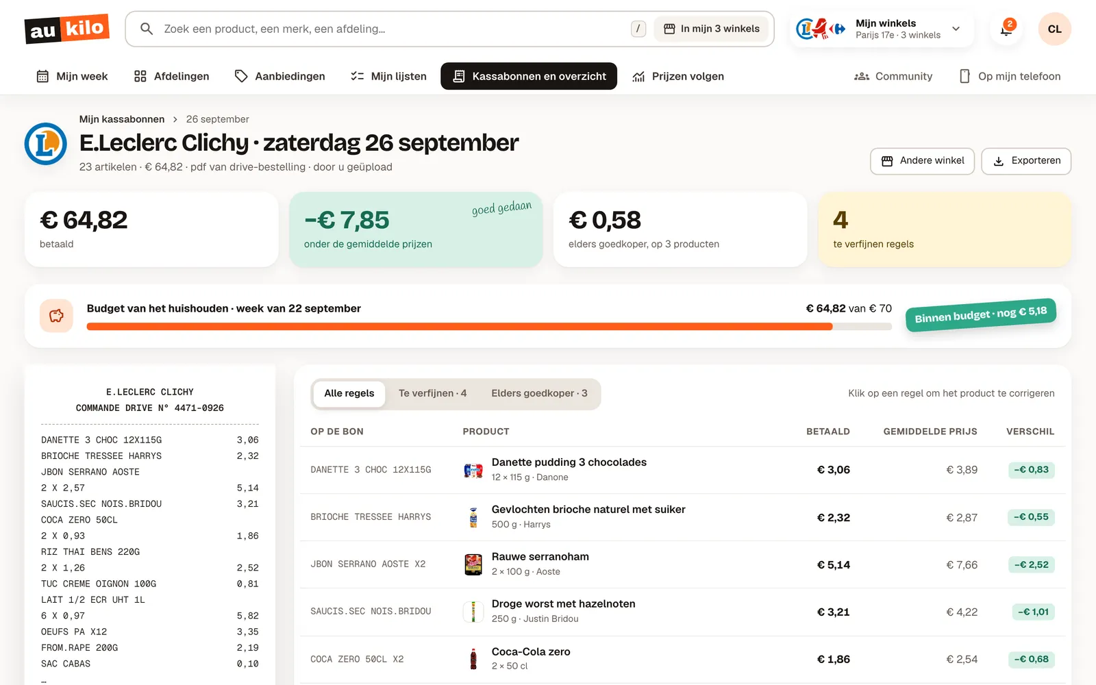 Scherm van de webapp: een kassabon regel voor regel gelezen, vergeleken met de gemiddelde prijzen