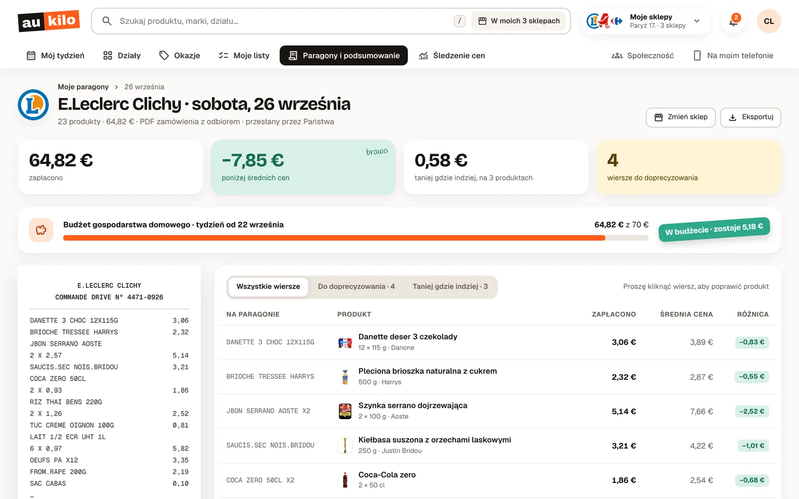 Ekran aplikacji webowej: paragon odczytany linia po linii, porównany ze średnimi cenami