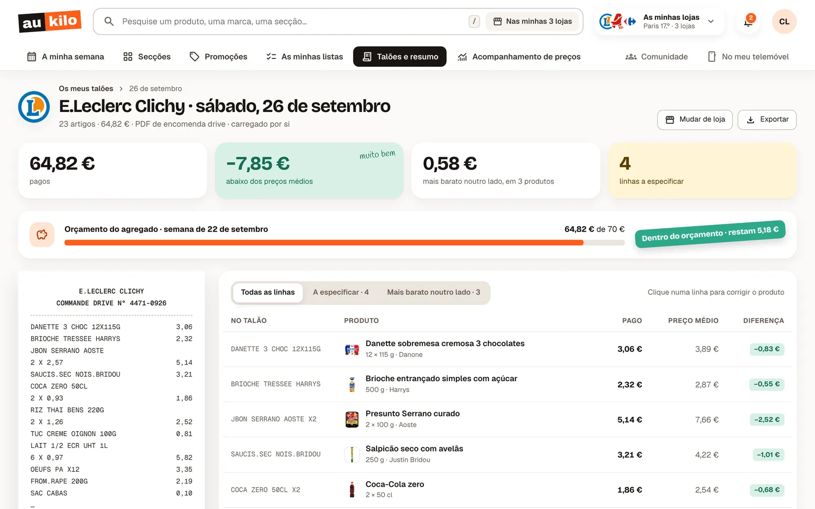 Ecrã da app web: um talão lido linha a linha, comparado com os preços médios