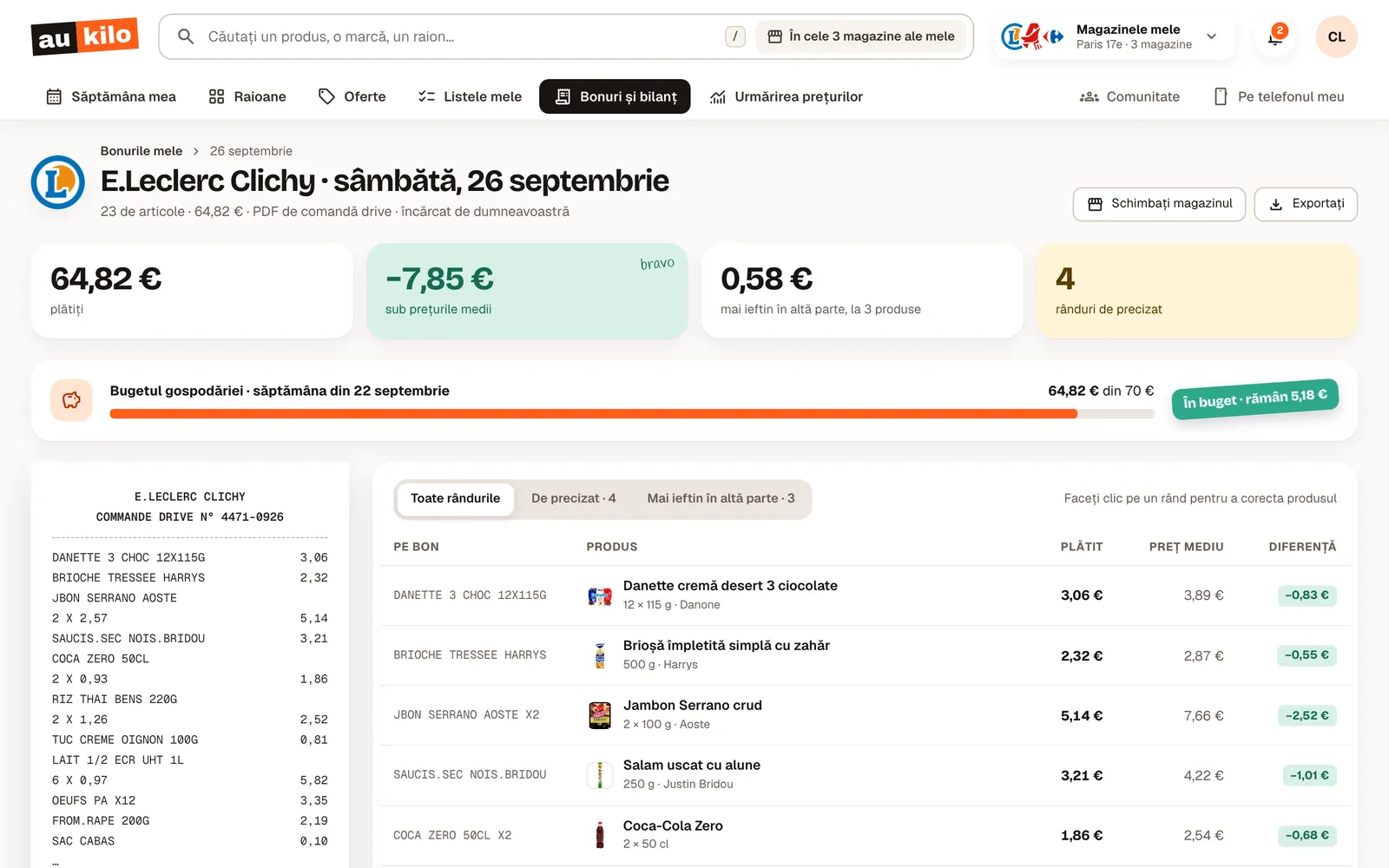 Ecranul aplicației web: un bon citit rând cu rând, comparat cu prețurile medii