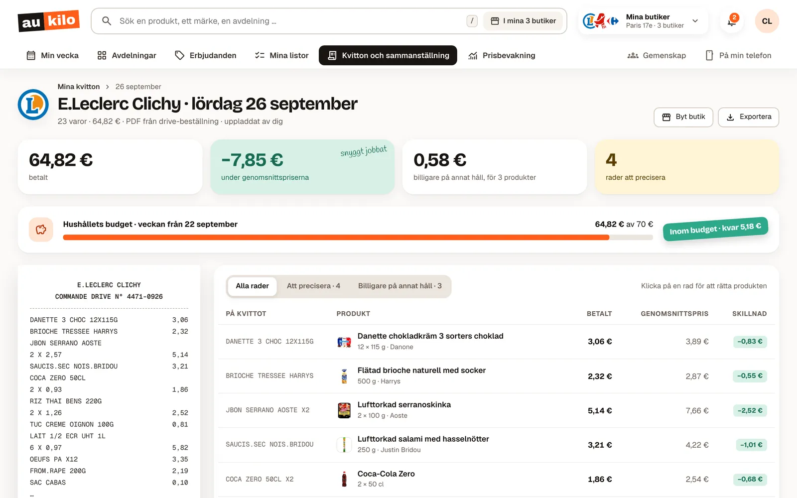 Skärm i webbappen: ett kvitto läst rad för rad, jämfört med genomsnittspriserna